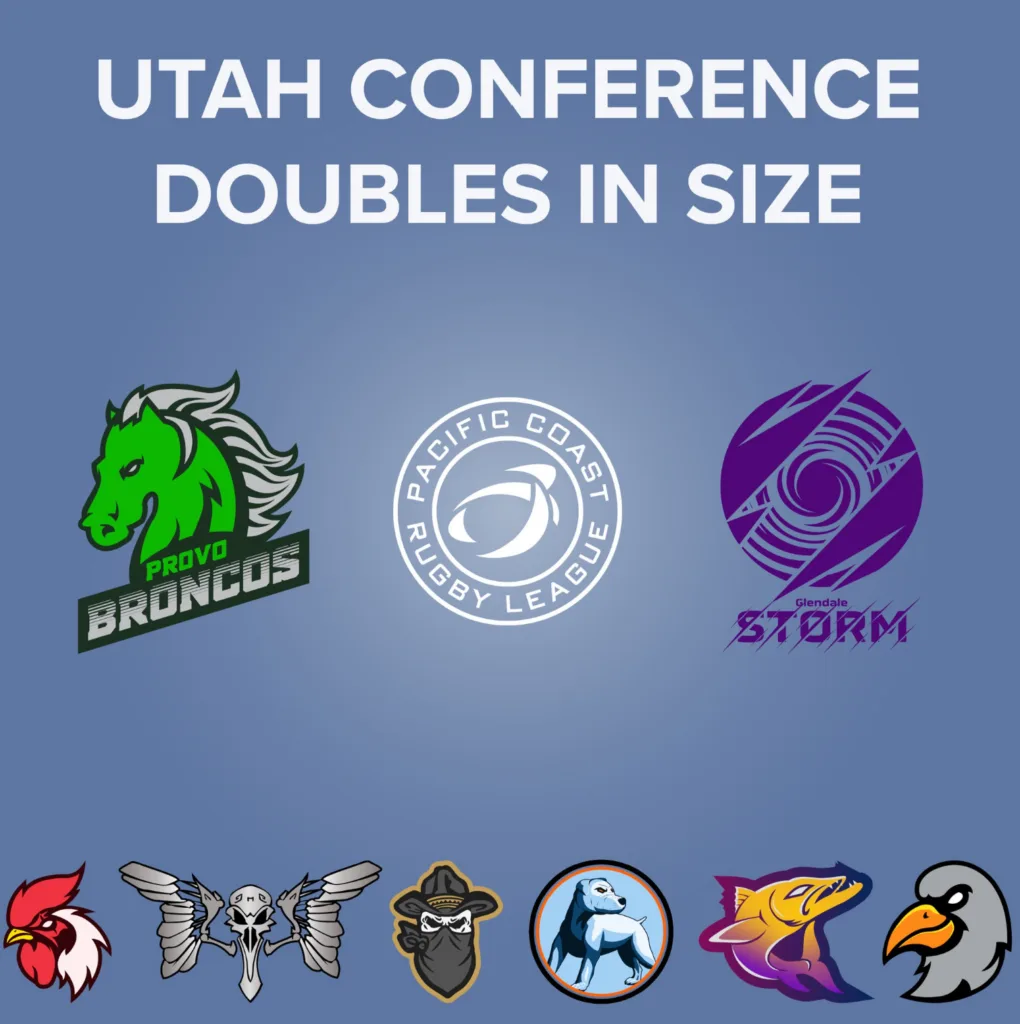 Graphic announcing the Utah conference doubling in size, showing the Provo Broncos, Pacific Coast Rugby League and Glendale Storm logos