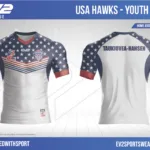 USA Hawks youth replica jersey mockup with a player’s surname printed on the back